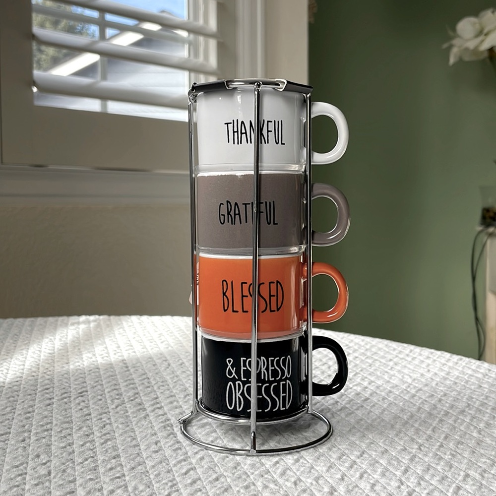 Thanksgiving espresso mugs with metal rack, set of 4
